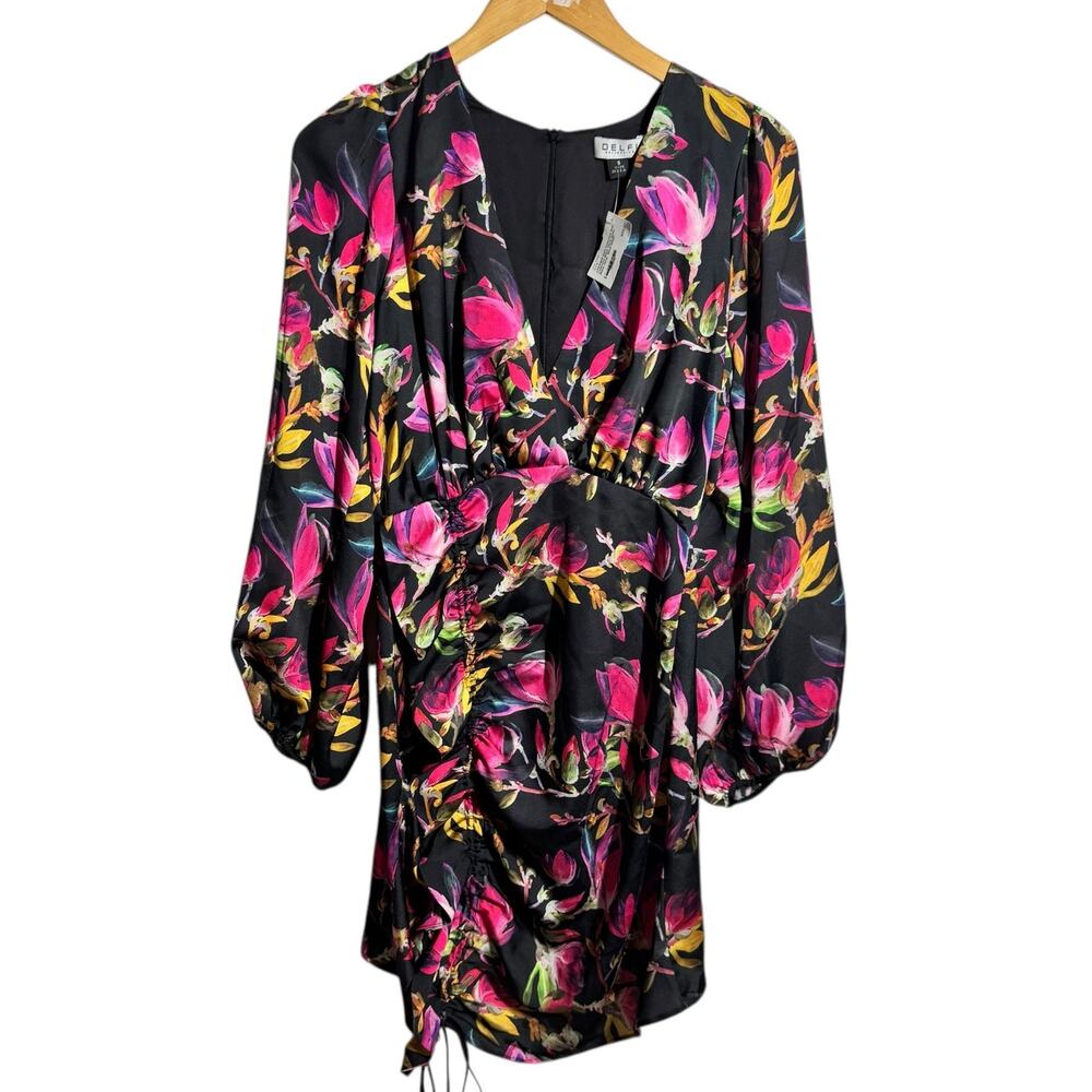 Delfi Collective Dress Women S Black Lindsay Floral Long Sleeve Satiny Mini Club